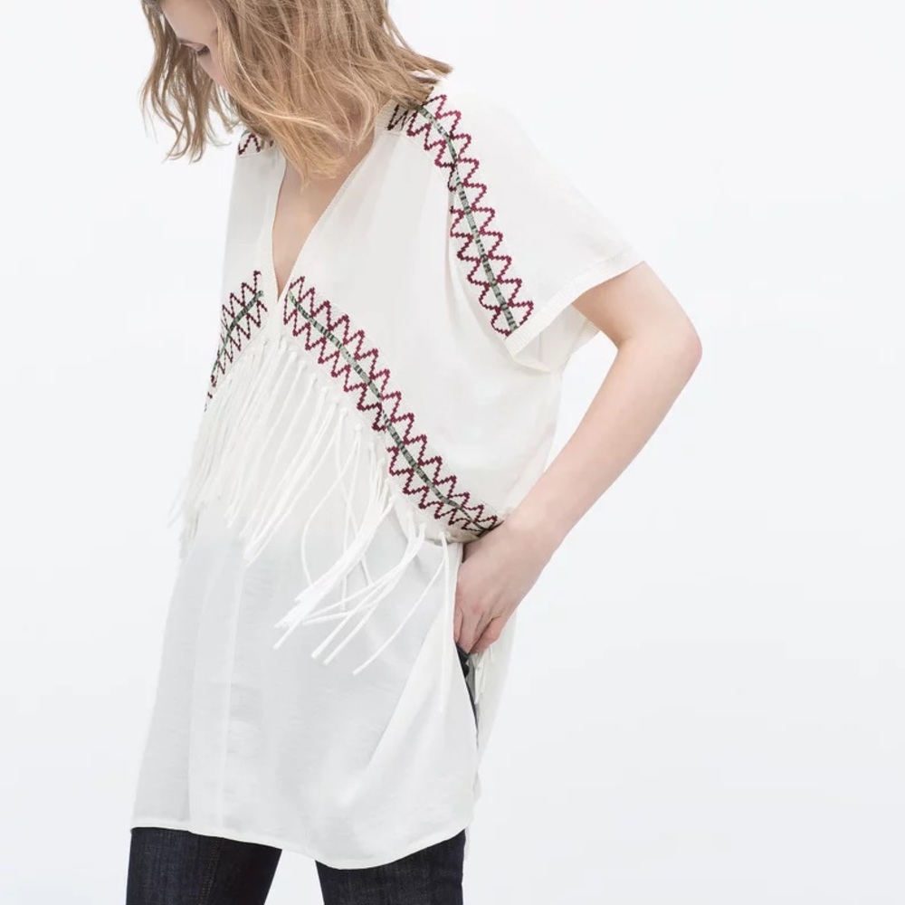 Zara White Tassel Fringe Embroidered Boho Top Sz S